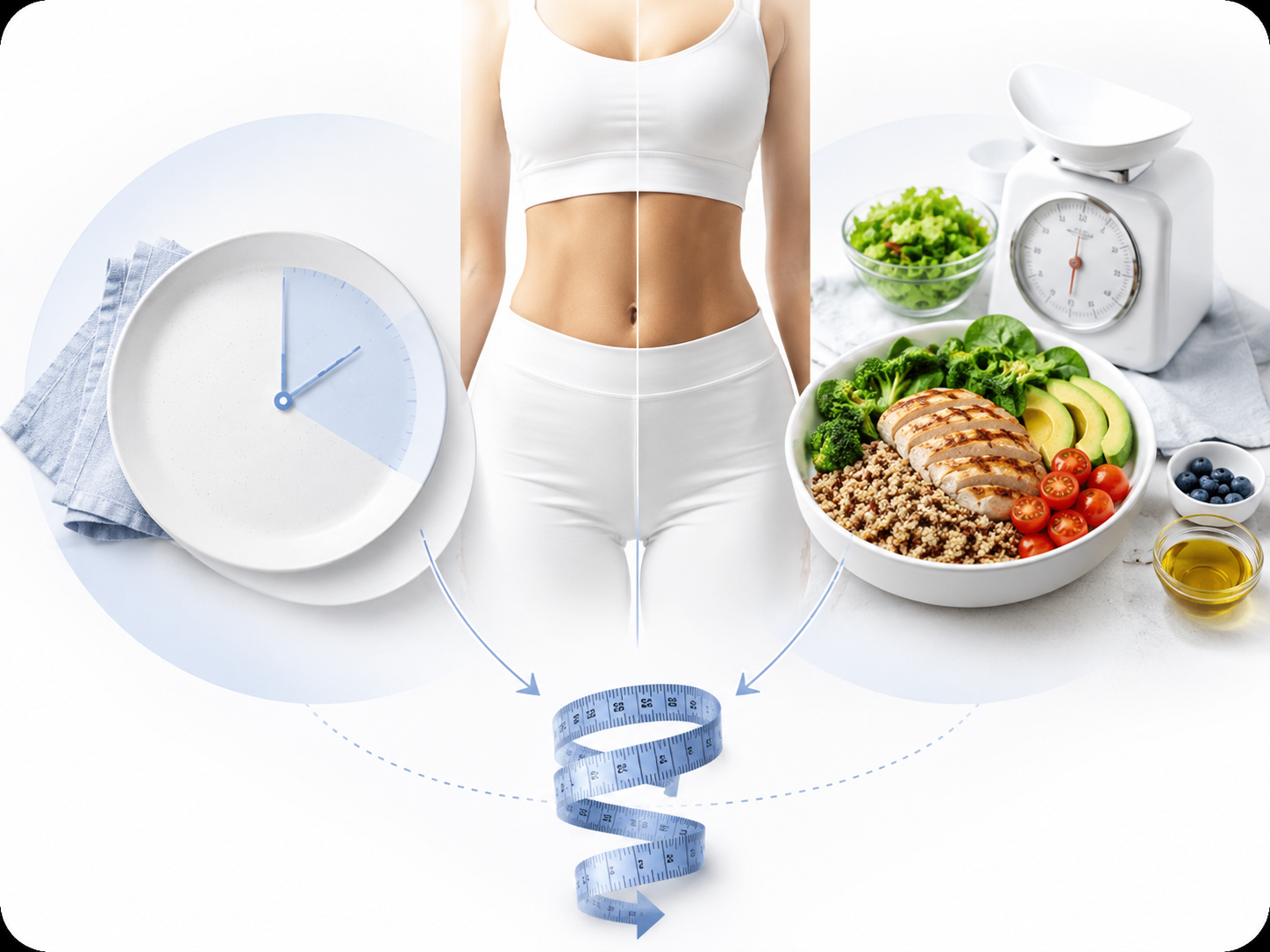 Digiuno intermittente o dieta ipocalorica: piatto bilanciato con pollo, quinoa e verdure accanto a un orologio