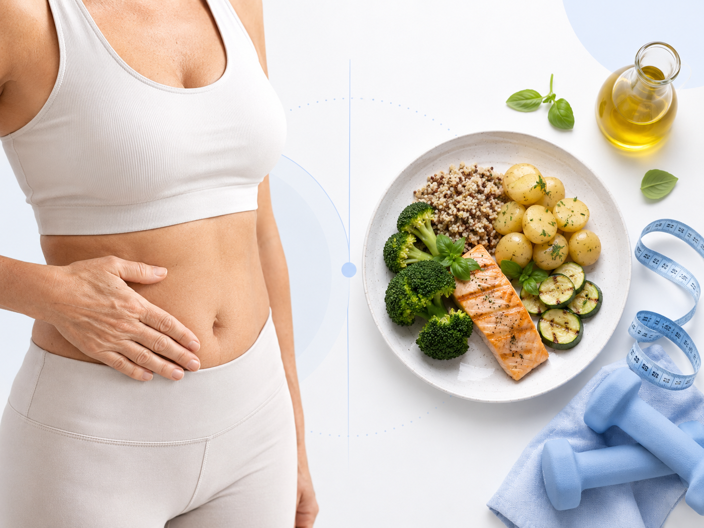 Pancia in menopausa: donna in forma accanto a un piatto con salmone, patate, broccoli e quinoa