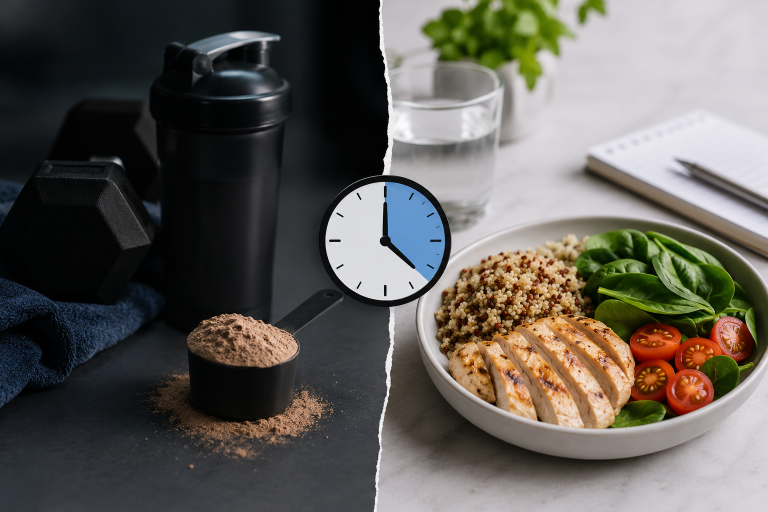 Proteine dopo l'allenamento: shaker e integratore accanto a un piatto con pollo, quinoa e verdure